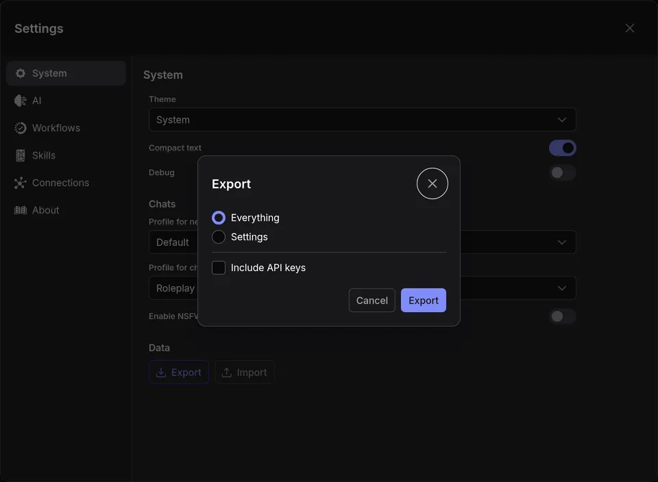 The Export dialog
