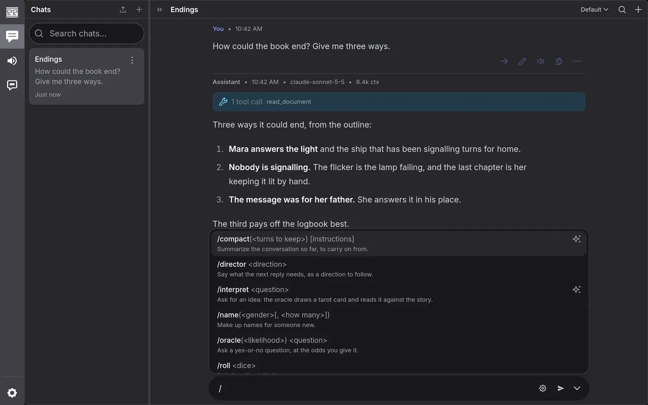 The commands, listed as / is typed
