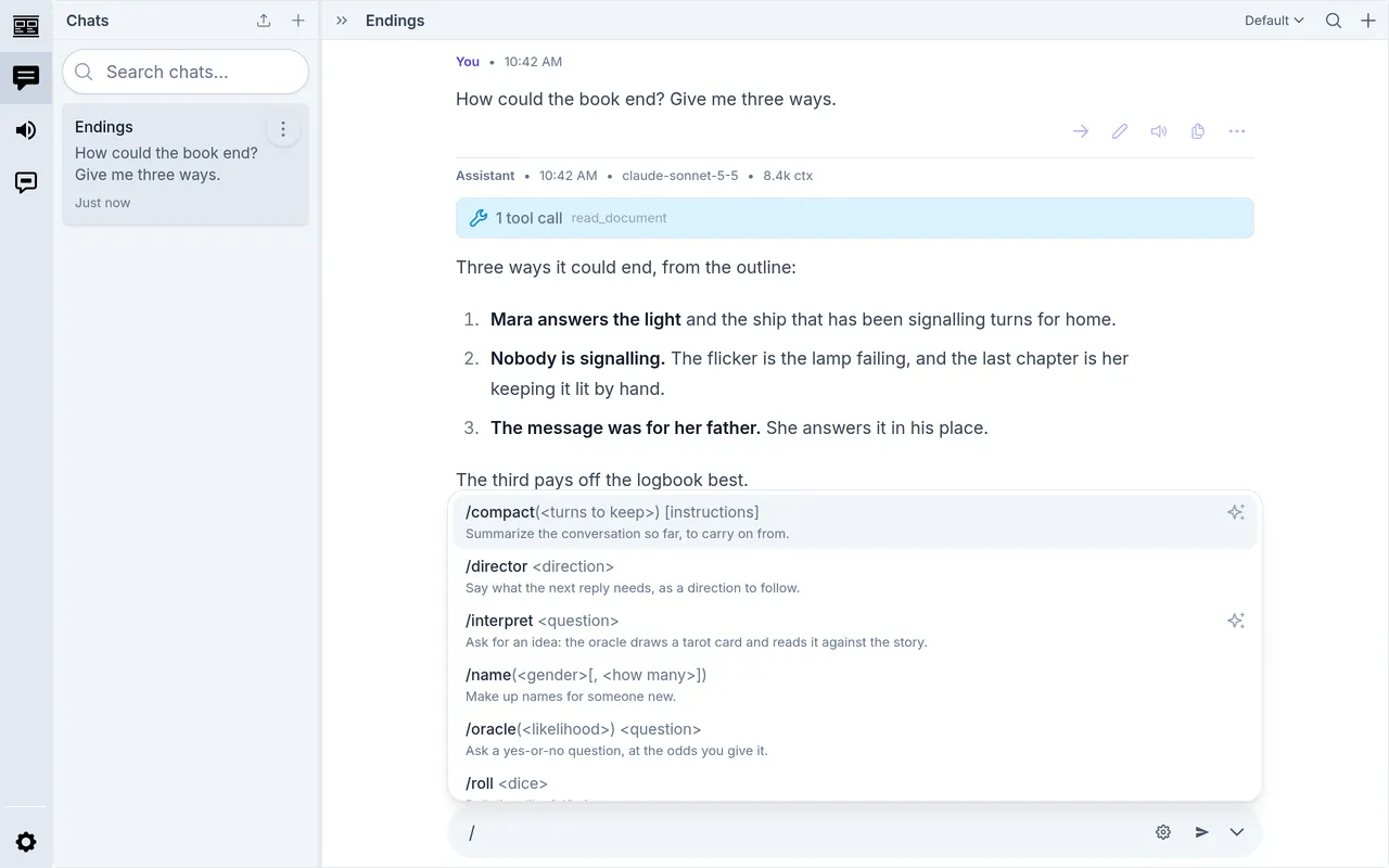 The commands, listed as / is typed