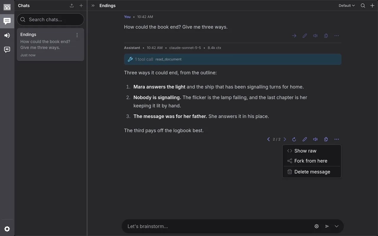 A reply's buttons, its other answer, and its menu