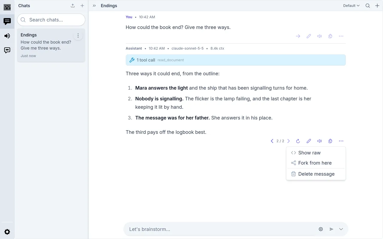 A reply's buttons, its other answer, and its menu