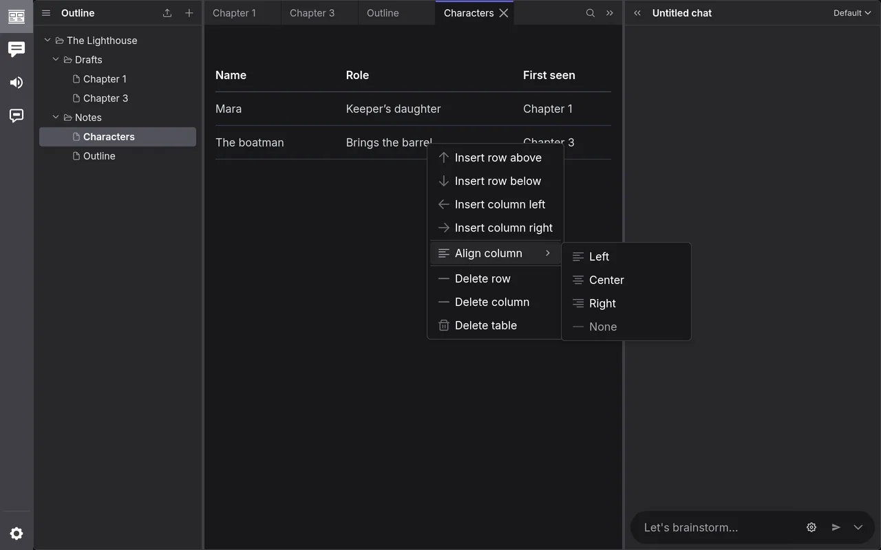 A table's menu, with Align column open