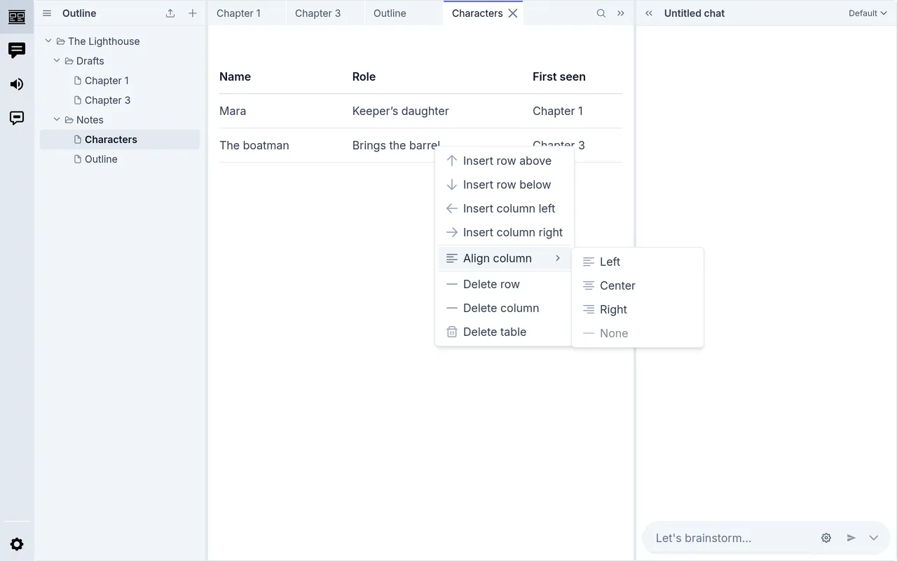 A table's menu, with Align column open
