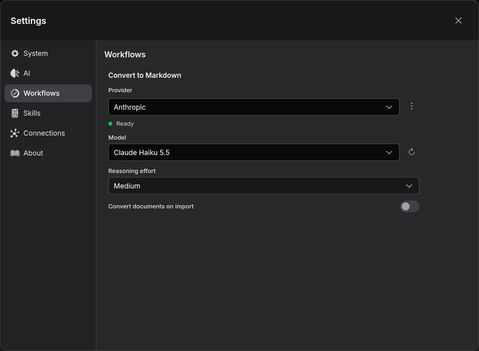 Settings › Workflows, with the model Convert to Markdown runs on
