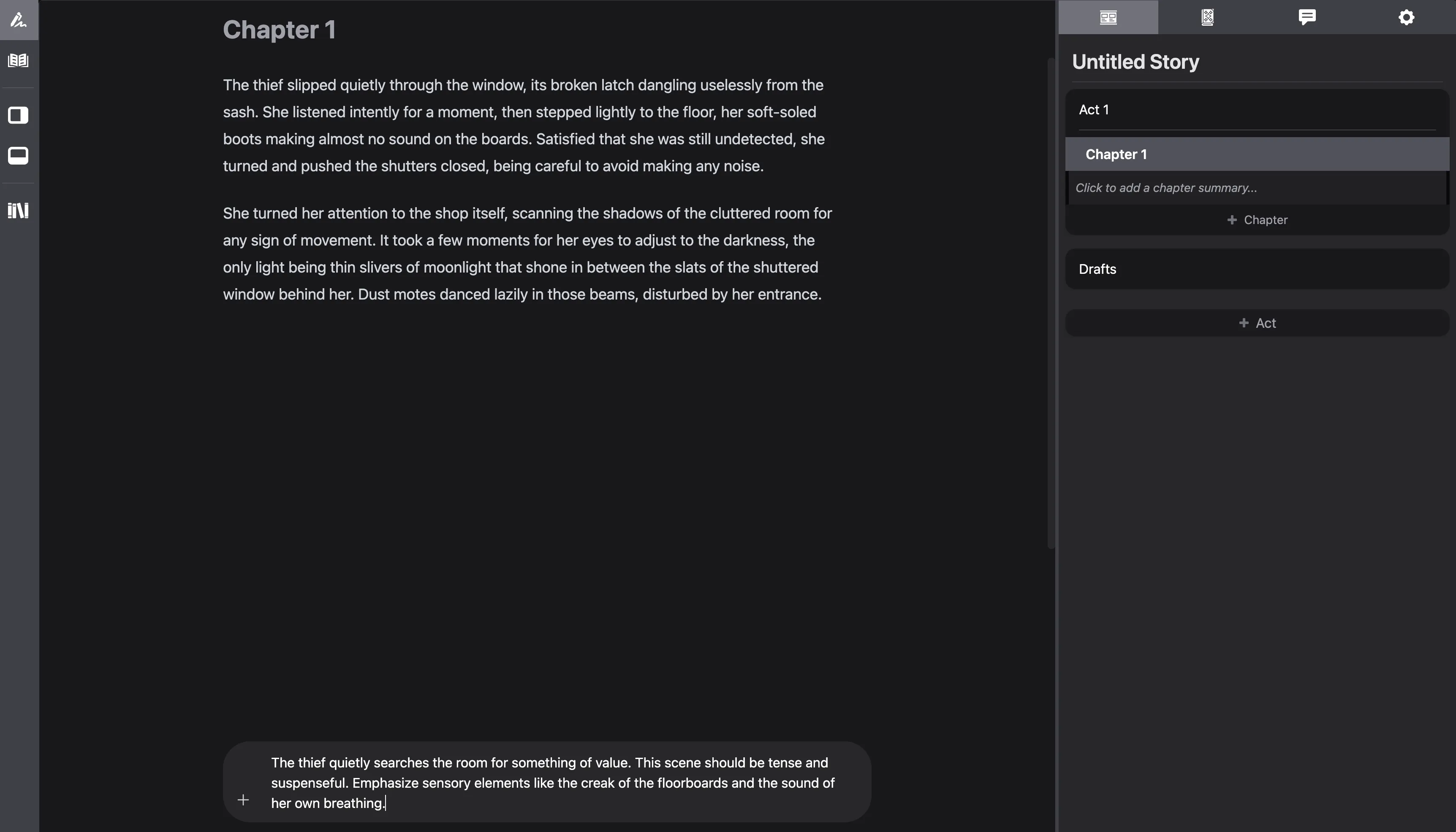 Entering a "Continue Writing" prompt in the Prompt Bar
