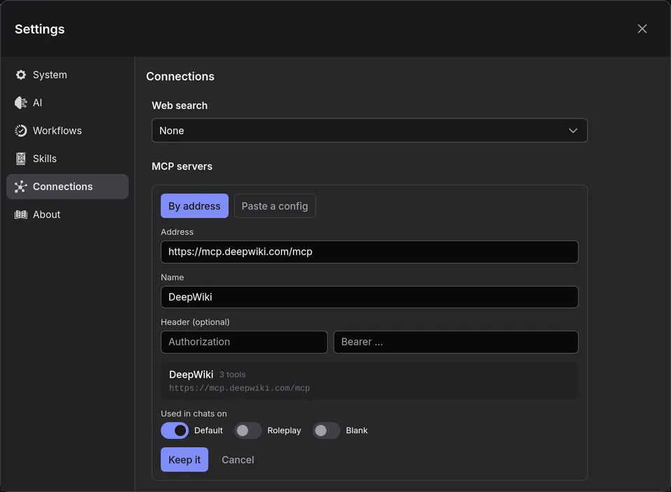 DeepWiki added by its address, offering three tools