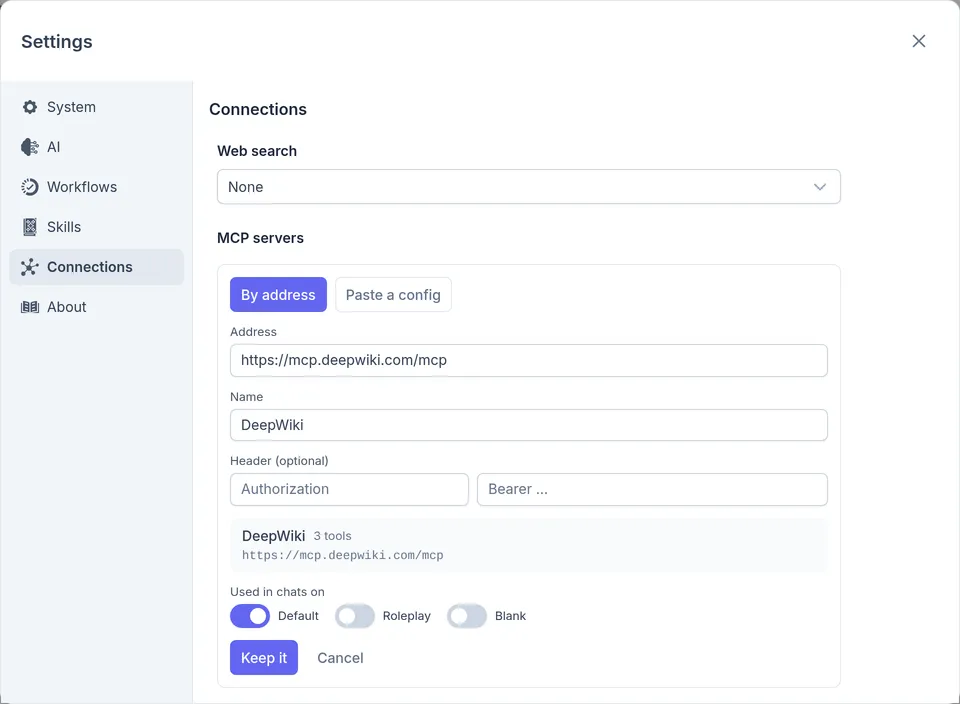 DeepWiki added by its address, offering three tools