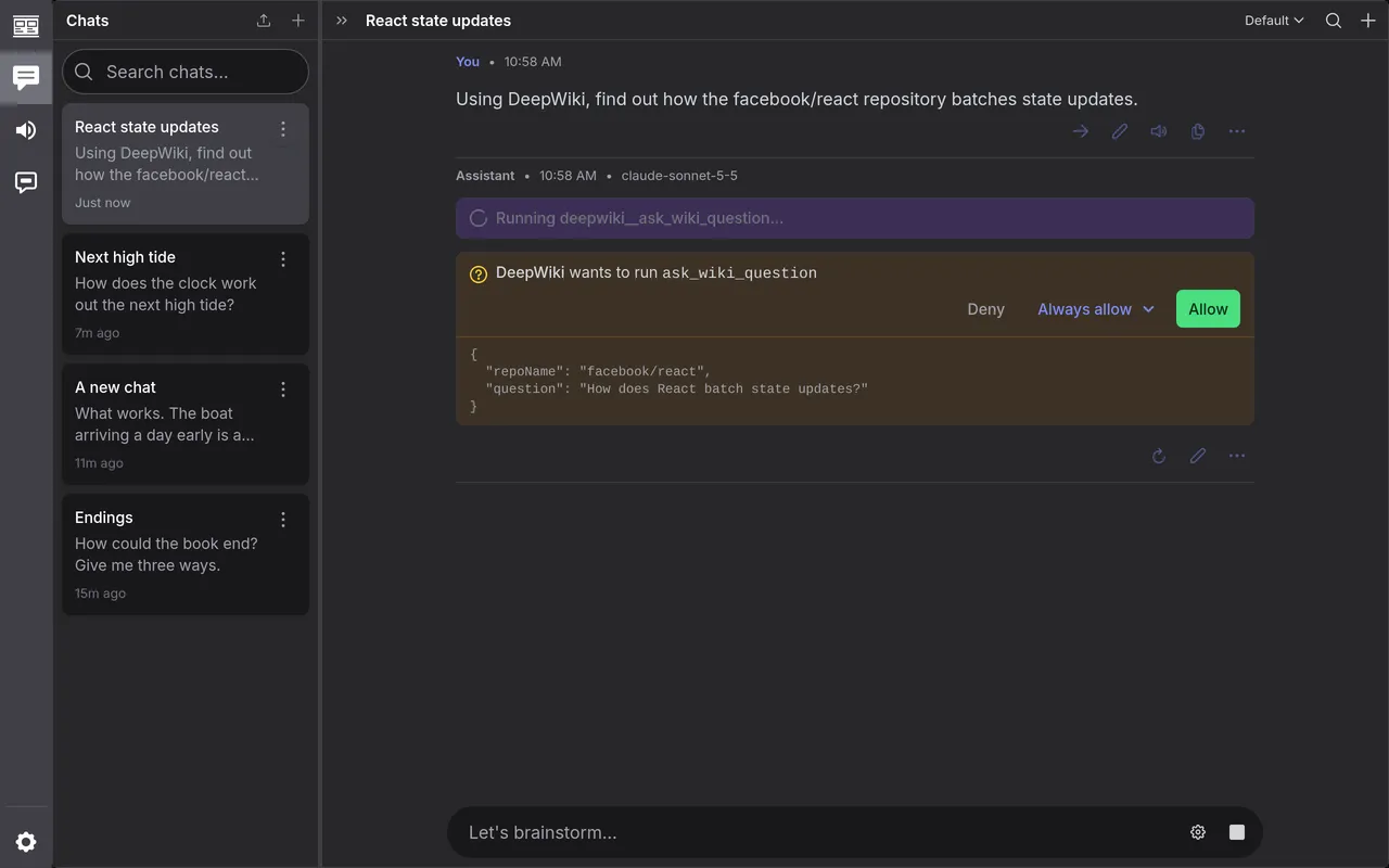 A call to DeepWiki waiting for Allow or Deny