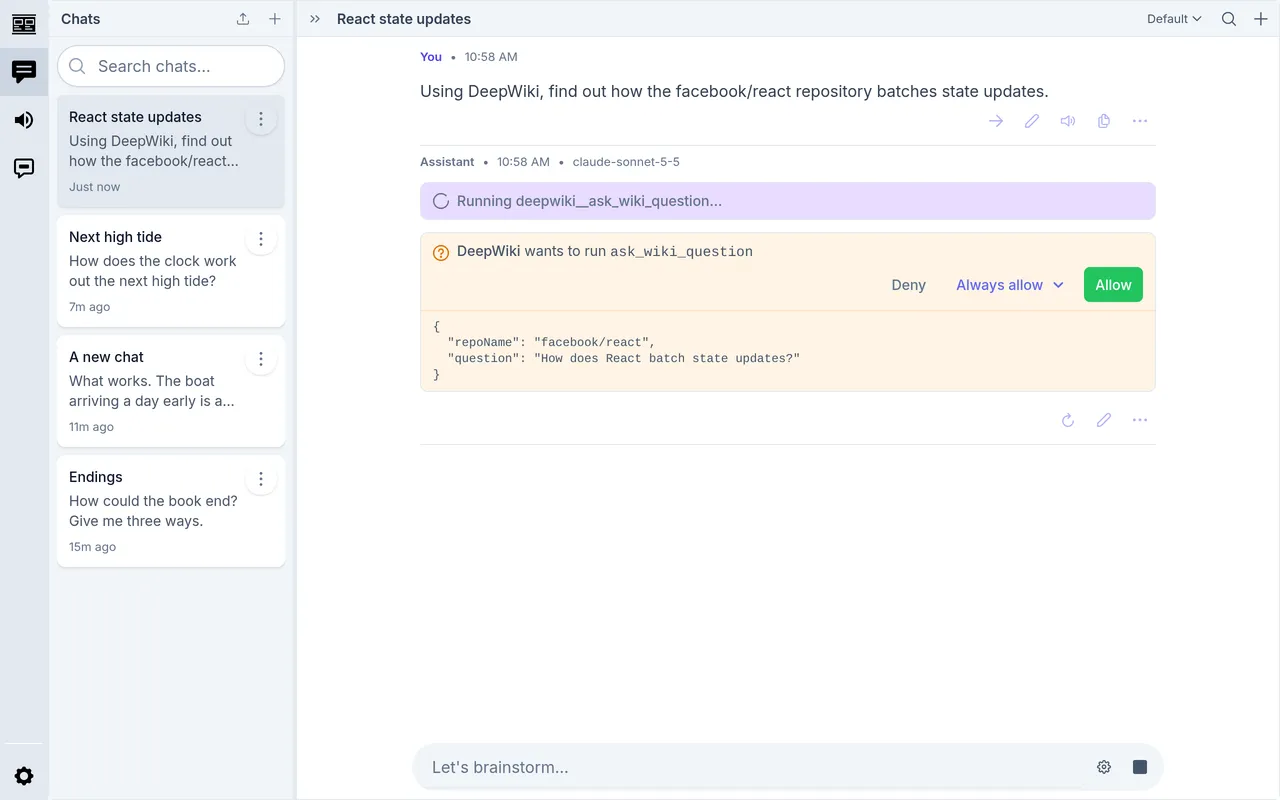 A call to DeepWiki waiting for Allow or Deny