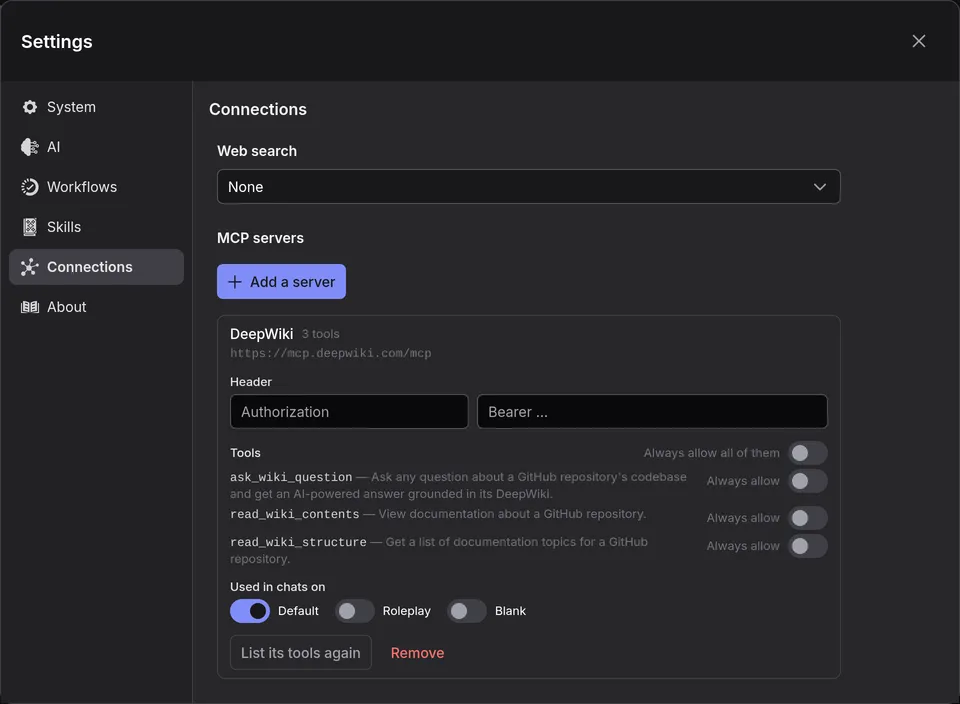 DeepWiki's tools, each with an Always allow switch