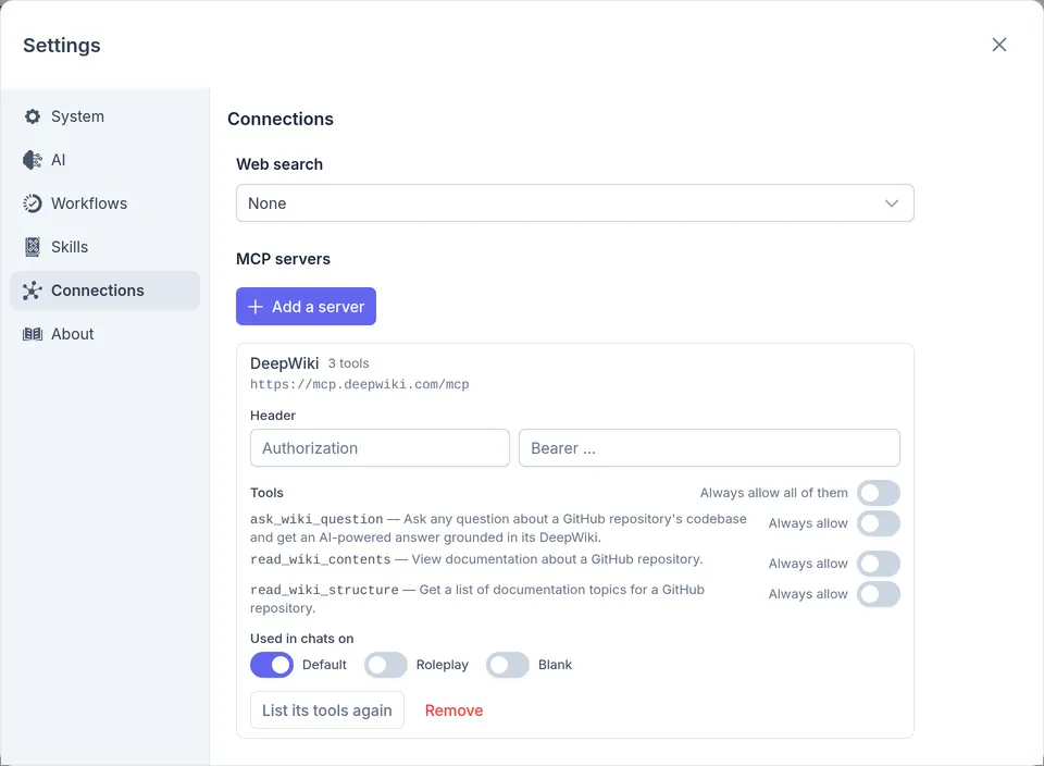 DeepWiki's tools, each with an Always allow switch