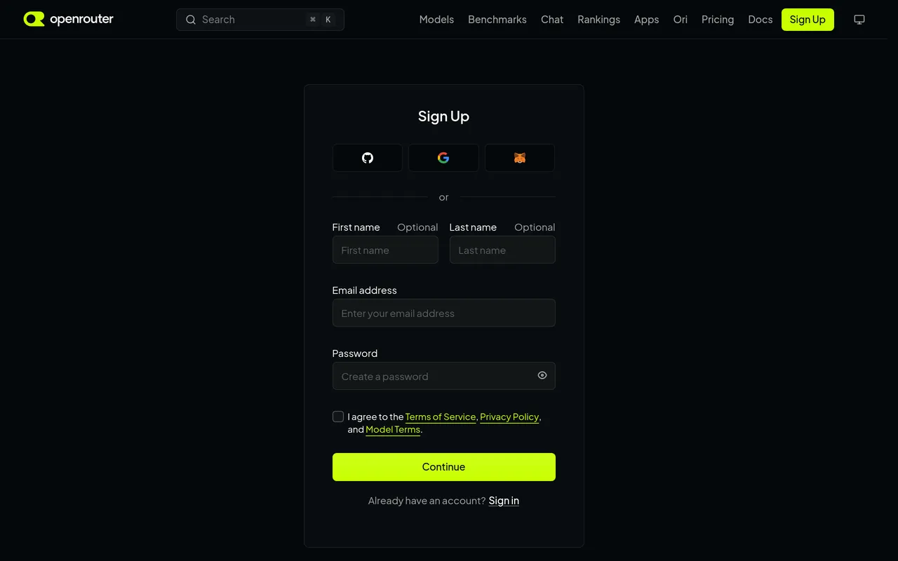 OpenRouter's sign-up page