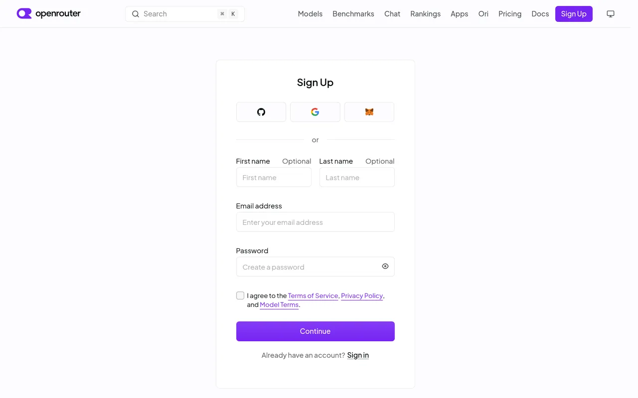 OpenRouter's sign-up page