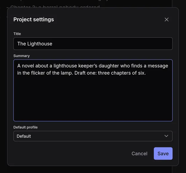A project's settings, with its summary