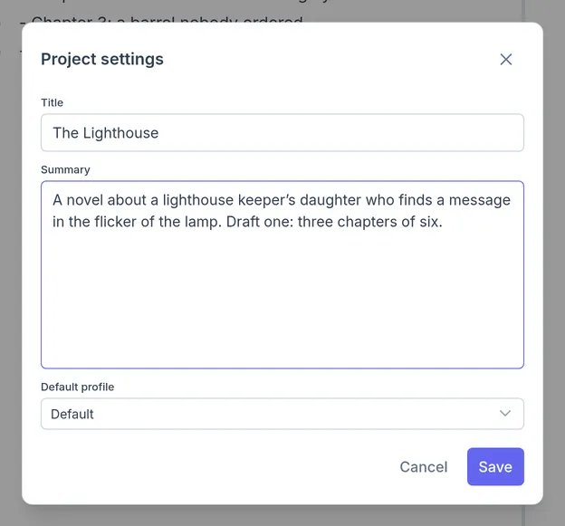 A project's settings, with its summary