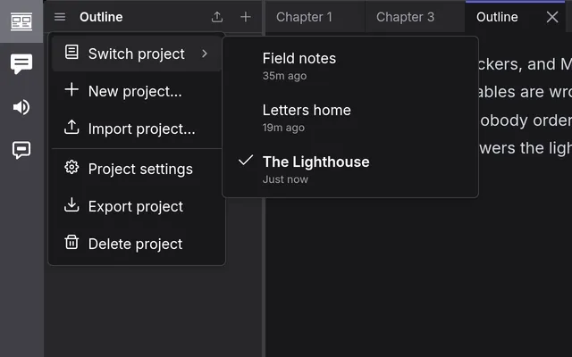 The Projects menu, with when each was last edited