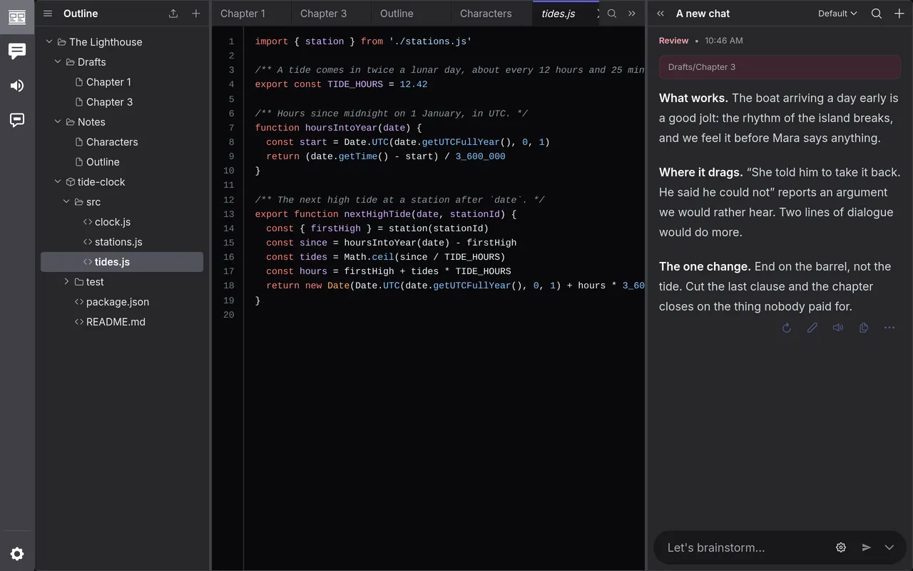 The tide-clock repository in the outline, with src/tides.js open