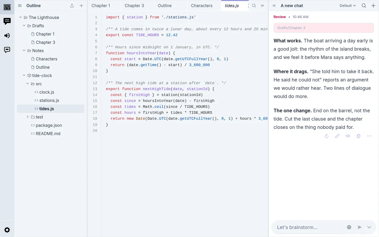 The tide-clock repository in the outline, with src/tides.js open