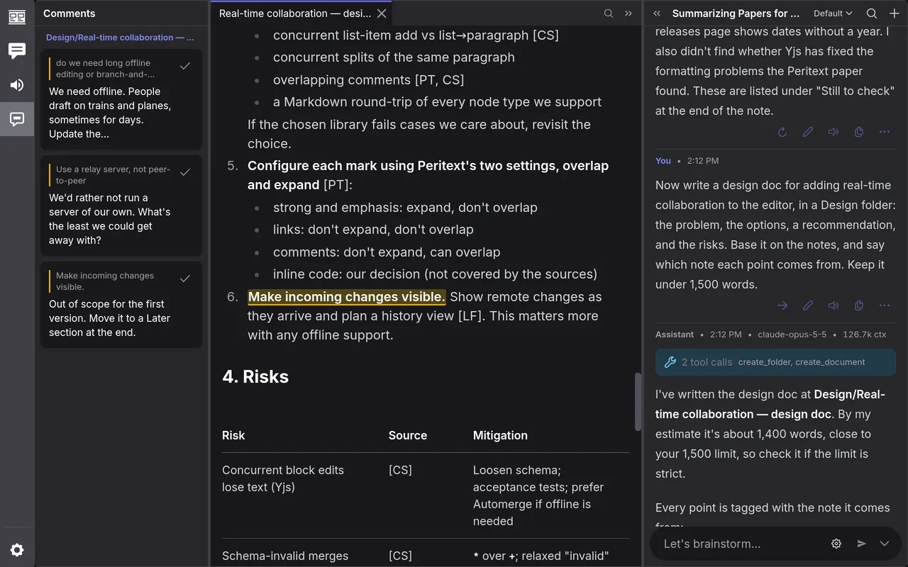The Comments tab with three comments on a design doc, one of them marked in the text