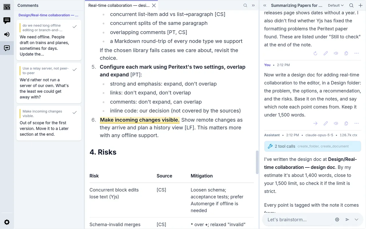 The Comments tab with three comments on a design doc, one of them marked in the text