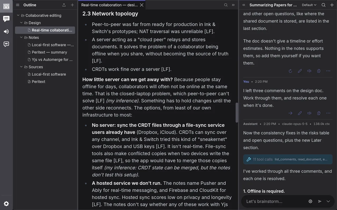 The design doc after the model worked through the comments, with its reply in the chat