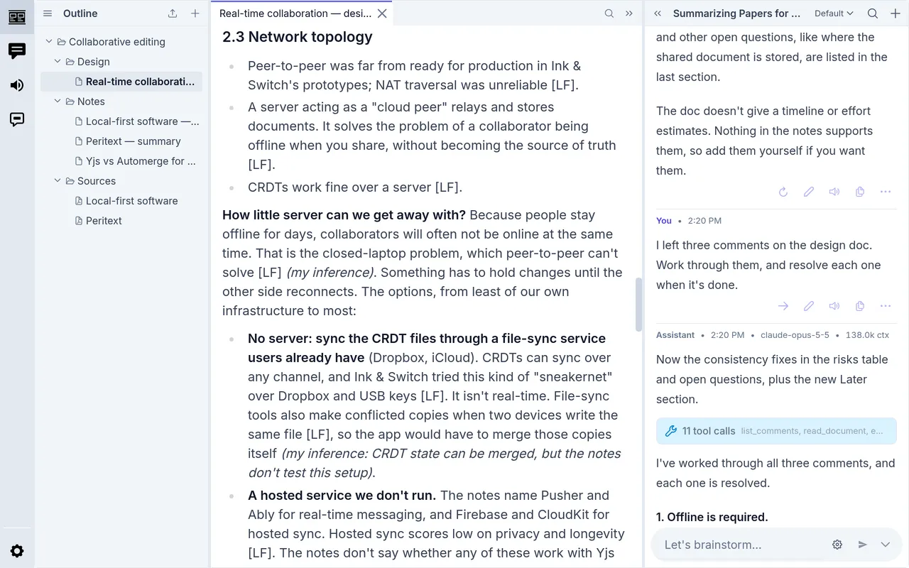 The design doc after the model worked through the comments, with its reply in the chat