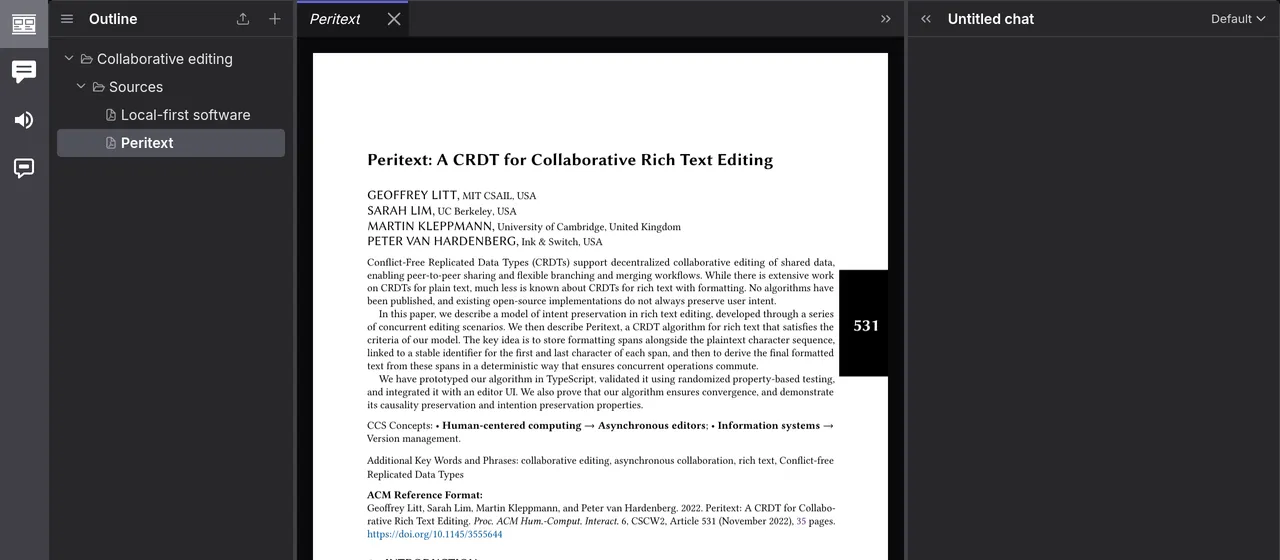 Two PDFs in a Sources folder, one open at its first page