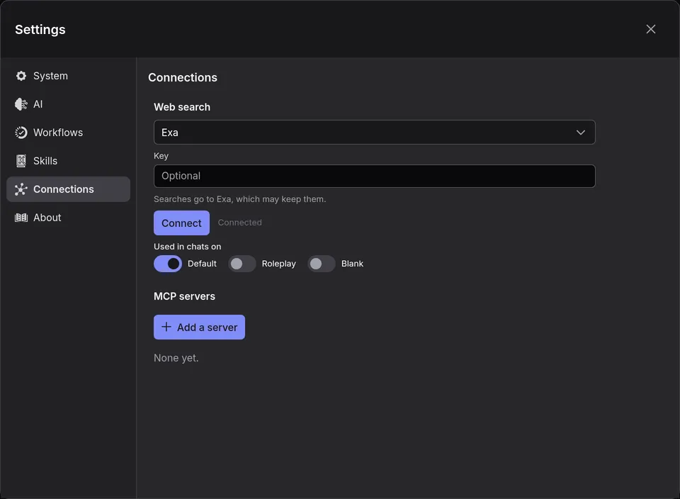 Exa chosen under Web search, connected without a key, and on for chats on Default
