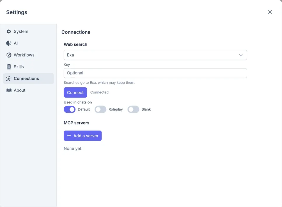 Exa chosen under Web search, connected without a key, and on for chats on Default