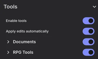 The chat's tools, with RPG Tools switched on