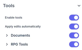 The chat's tools, with RPG Tools switched on