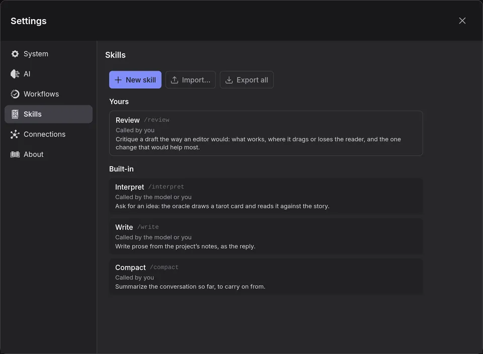 Settings › Skills, with a review skill of your own