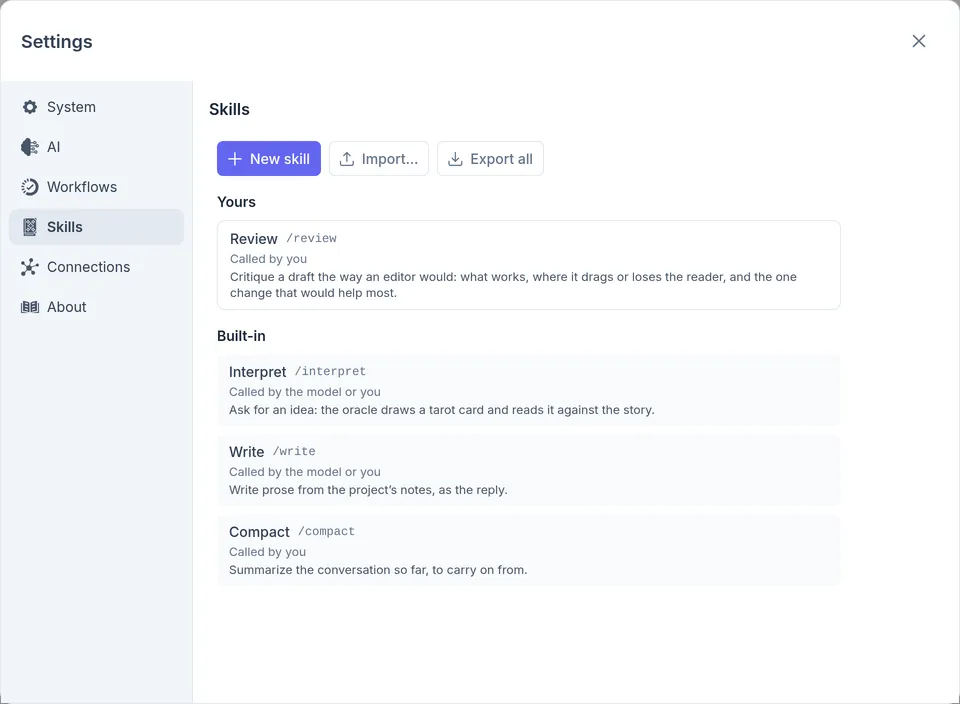 Settings › Skills, with a review skill of your own